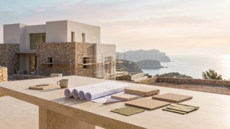 Kauf einer Immobilie vom Plan auf Ibiza mit moderner Architektur und Projektunterlagen.