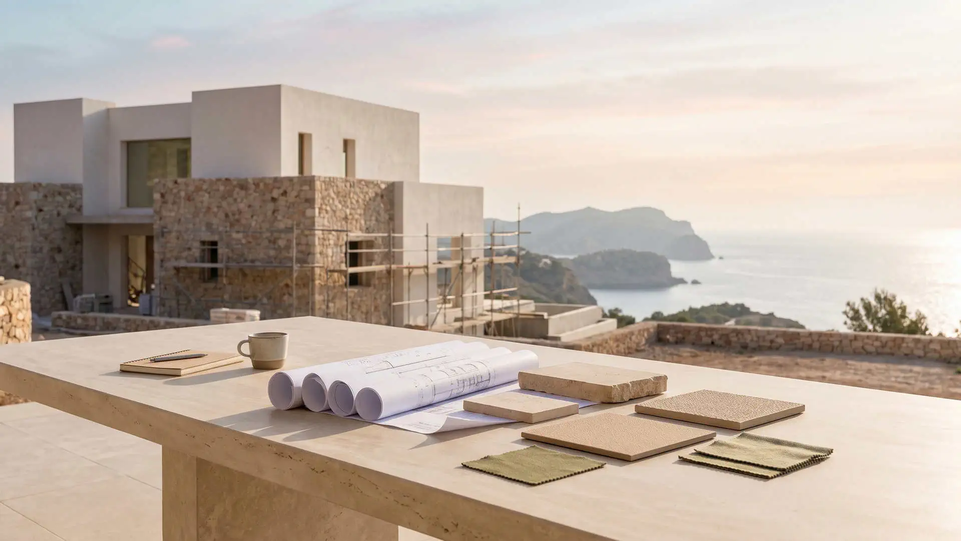 Kauf einer Immobilie vom Plan auf Ibiza mit moderner Architektur und Projektunterlagen.