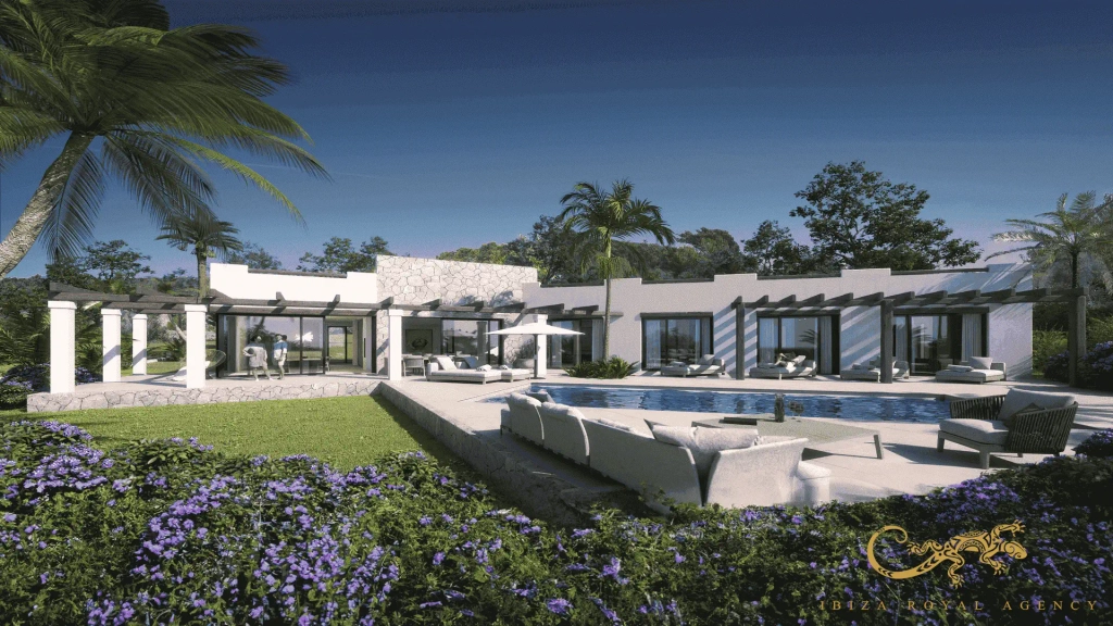 Mediterraner Garten und privates Grundstück einer Luxusvilla auf Ibiza.