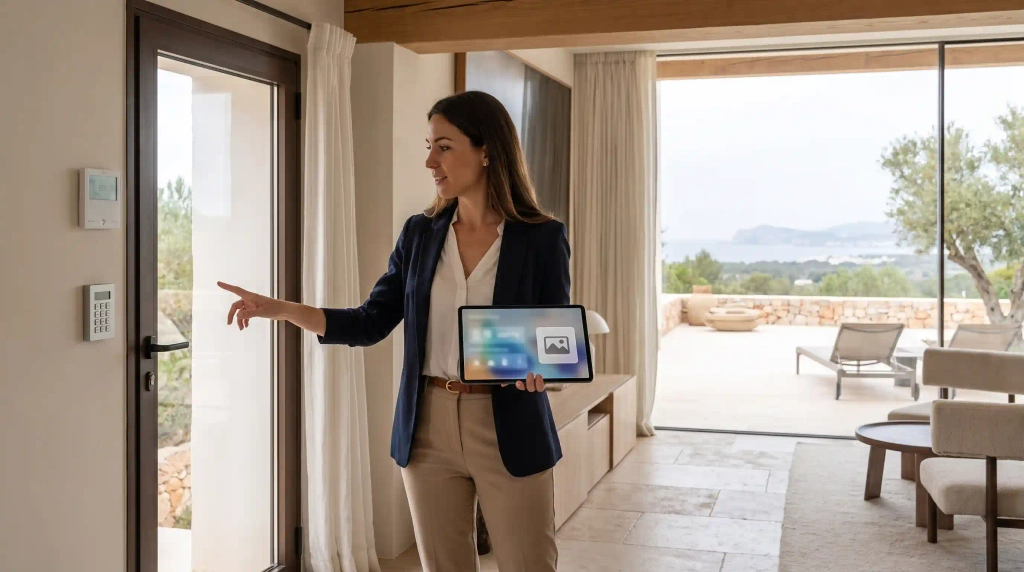 Professioneller Immobilienverwalter kontrolliert eine Villa auf Ibiza für einen Eigentümer im Ausland.